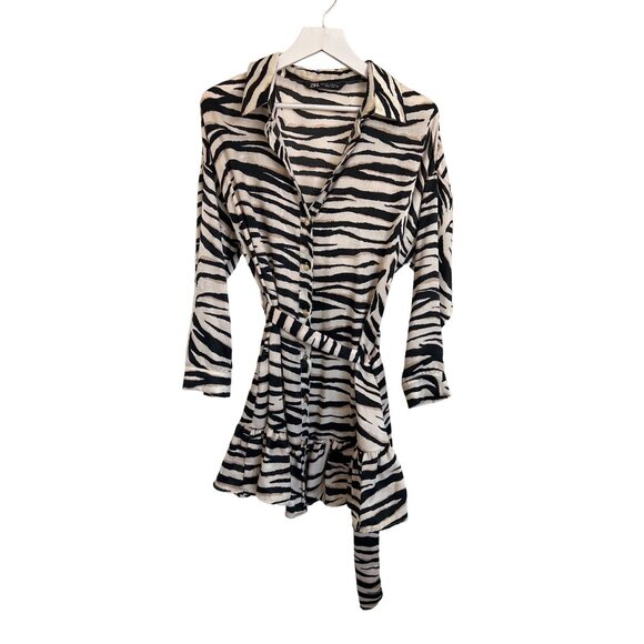 Zara Zebra Print Belted Shirt Dress - Picture 2 of 5